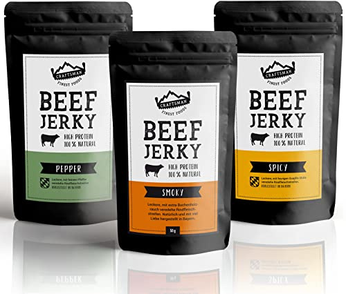 Craftsman Beef Jerky | Trockenfleisch Set 3 x 100 g = 300 g Probierpack ohne Zucker | Aus Deutschland - Bayern | 100% natürlich | High Protein 68% | Trockenfleisch Mix | Pfeffer | Smoky | Chili