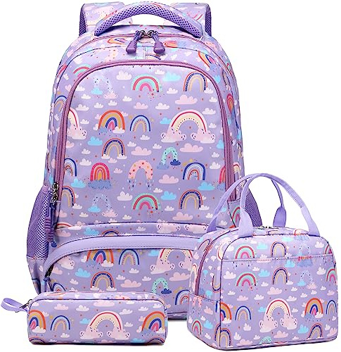 Mochila Arcoíris Niña Primaria Set Niña, Mochila Infantil + Bolsa de Almuerzo + Estuche, Escuela y Viajes
