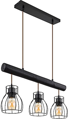 LED Pendelleuchte Hängelampe Vintage Holzstab Retro Holzleuchte Mit Gitterschirmen schwarz, Metall käfig, 3x 4W 3x 300lm warmweiß, HxLxB 140x60x13,6cm
