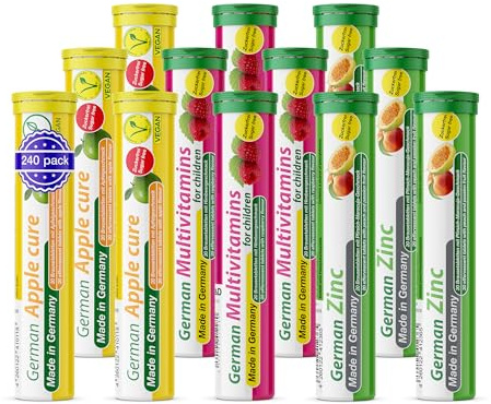 German Probierpaket Geschmacksvielfalt 240 Stk. - Apfel, Himbeer und Pfirsich-Maracuja Geschmack - Zuckerfrei, Vegan - T&D Pharma - Made in Germany