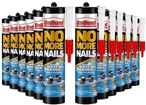 UniBond No More Nails Waterproof, Heavy-Duty Mounting Adhesive, Strong Glue for Mirrors, Wood, Ceramic, Metal etc., Instant Grab Adhesive Indoor & Outdoor, Bulk Buy 12 Pack