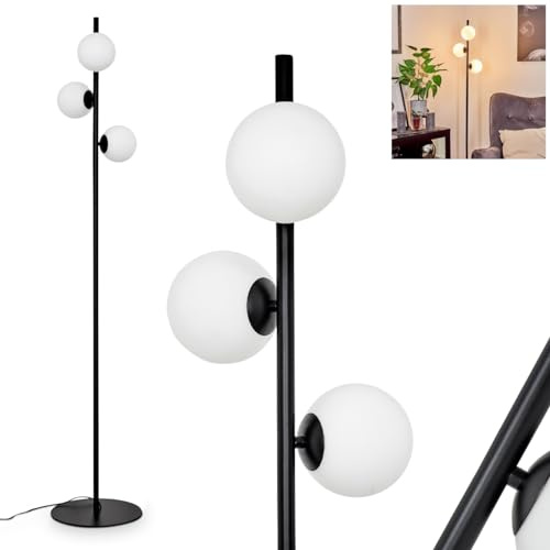 Stehleuchte Remaisnil, moderne Stehlampe aus Metall/Glas in Schwarz/Milchglas, Standleuchte mit Schirmen aus Glas (Ø 12 cm), mit Fußschalter am Kabel, 3 x G9, ohne Leuchtmittel