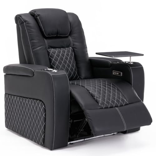More4Homes BROADWAY HOME THEATER RECLINER SOFA | AIR LEATHER, POWER HEADREST, POWER RECLINER, AMBIENT LIGHTING, CUP HOLDERS CINEMA ARMCHAIR SOFA CHAIR (Black/White with Tray, 1 Seater)