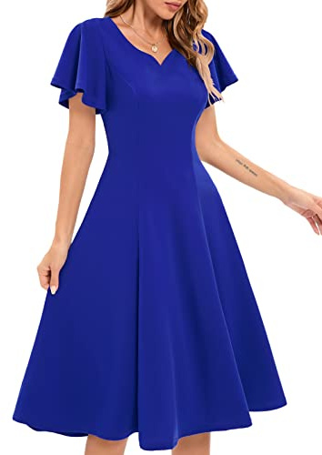 HomRain Women's Cocktail Party Evening Dress for Wedding Guest Semi Formal Fit and Flare Elegant Dress for Graduation Casual Modest Prom Midi Dresses with Sleeves,Royal Blue XL