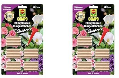 COMPO Blühpflanzen Düngestäbchen mit Guano, Dünger, 3 Monate Langzeitwirkung, 30 Stück (Packung mit 2)