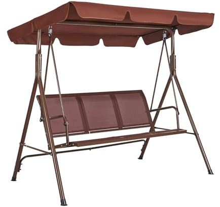 VEVOR 3-Seat Patio Swing Chair, Outdoor Patio Swing with Adjustable Canopy, Porch Swing with Armrests, Teslin Fabric and Alloy Steel Frame, for Balcony, Backyard, Patio, Garden, Poolside, Brown