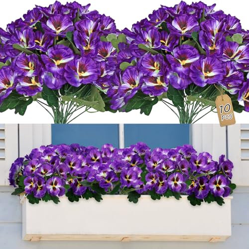 SOMYTING 10 Pcs Artificial Pansies for Outdoor Artificial Silk Flowers UV Resistant Faux Flowers Plastic Plants for Front Porch Garden Window Box Hanging Planter Decoration (Purple)