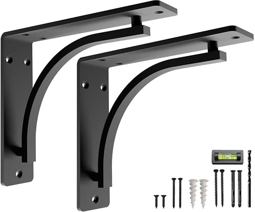 Classic Black Heavy Duty Shelf Brackets 8 inch by Balin Designs– L Bracket, Wall Mounted Support, Extra Wide Bracket, Decorative Shelf Brackets, Fireplace Mantel with Hardware Included, Set of 2
