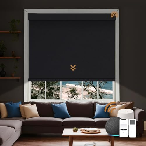 JOYENG Motorized Blinds with Remote, Custom Automatic Electric Blackout Smart Blinds for Windows, Motorized Window Roller Shades Compatible with Alexa Google for Home Office, Luxury Black