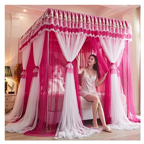 Betthimmel, Luxus-Betthimmel mit Schienen aus Edelstahl, dekorativer Bettvorhang für Schlafzimmer, Rosa, hochdichtes Moskitonetz (Größe: 180 x 200 x 200 cm)