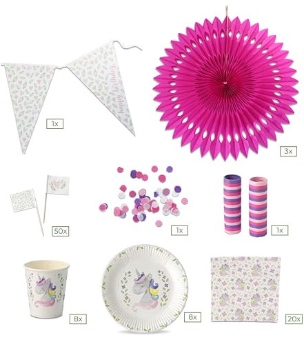 ECOFIESTA 92 pièces Décorations de fête & service de table licorne - deco de table anniversaire - theme anniversaire fille