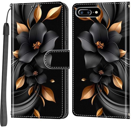 Salanheo Wallet Case for iPhone 7 Plus / 8 Plus, Leaves and flowers | Card Slots, Kickstand, Shockproof, Magnetic Closure, PU Leather, Flip Wallet Book, Lanyard Strap