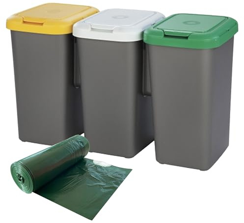 WELL HOME MOBILIARIO & DECORACIÓN Papeleras de rciclaje 3 compartimentos 3x 25L + Rollo de 20 bolsas de basura 30L