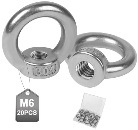 EXLECO 20 Pcs Écrou à Oeil de Levage M6 en Acier Inoxydable Écrou à Anneau Bague Anneau de Levage Anneaux Femelle Anneaux en Inox pour Accessoires de Levage Fixer Pots de Fleurs Auvents Cordes à Linge