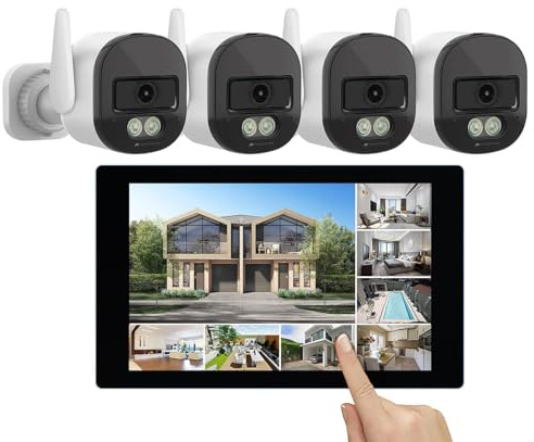 VisorTech Überwachungssystem: WLAN-6-Überwachungsrekorder, 10,1-Touchscreen-Monitor, 4 Kameras (Überwachungskamera mit Bildschirm, Überwachungskameras außen, Funk)