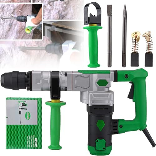 Marteau de démolition électrique 1450 W, Brise-béton 3100 TR/Min avec poignée auxiliaire rotative à 360°, perceuse à Percussion, Marteau burineur avec Verrouillage de sécurité, 2 burins, 1 Huile