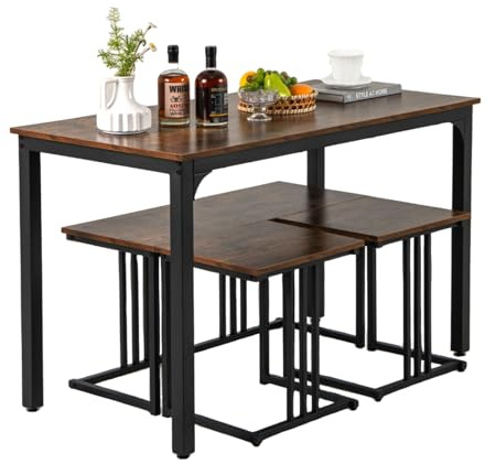 SOARS Esstisch mit 2 Hockern & Bank, 4er Set Küchentisch 120 x 60 x 75 cm, industrielle Essgruppe mit rostfreier Metallstruktur, Tisch mit 3 stühlen Set für Wohnzimmer, Esszimmer (Braun)