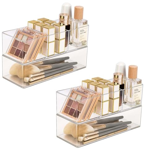JessLab 4 Organisateurs de Tiroir en Acrylique, Boîtes Transparentes pour Maquillage, Bijoux et Fournitures, Empilables pour Coiffeuse, Salle de Bain, 2 à 1 Compartiment & 2 à 3 Compartiments