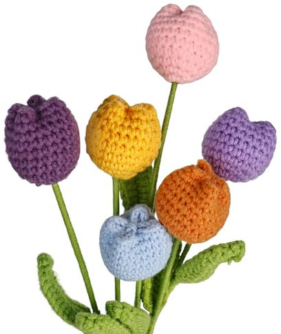 XCRPRT 6PCS Crochet Tulips Artificial Flowers, Cotton Knitted Flowers Bouquet Handmade, Bouquet Crocheted Bloom Tulips, Bulk Fake Flowers Gift for Anniversary Graduation Mother's Day Wedding Decor
