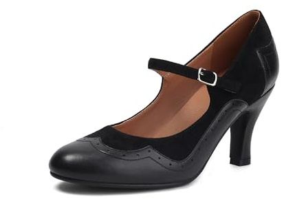 graceretro Damen Mary Jane Rockability Schließen Runde Zehenpartie Vintage 1950er Jahre Absätze Oxford 1930er Jahre Knöchelriemen Retro 1920er Jahre Viktorianisch Pumps Schuhe (Black EU38)