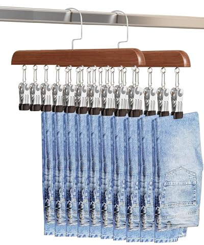 WJWSKI 2 Stück Hosenbügel Platzsparend, Holz Kleiderbügel für Hosen, Hosenbügel Klemmbügel, Der Kleiderbügel Hosen eignet sich zur Aufbewahrung von Hosen, Hüten, Socken, Unterwäsche und mehr (Walnuss)