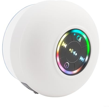 Honseadek Haut-parleur de douche mains libres, avec lumière LED colorée, design étanche IPX4, station d'accueil audio sans fil pour salle de bain, microphone intégré pour des appels clairs (blanc)