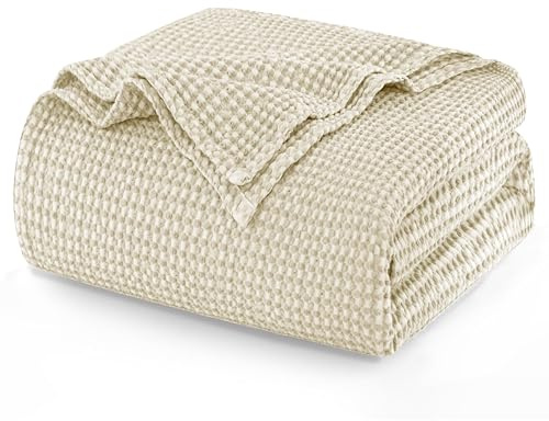 Talasily 100% Baumwolle Decke 220 x 240 cm, Weiche und Atmungsaktive Tagesdecke, Waffelmuster Leichte Decke als Sofadecke Couchdecke, Weich Kuschelige Wohndecke Wohnzimmer, Sofa Couch Beige