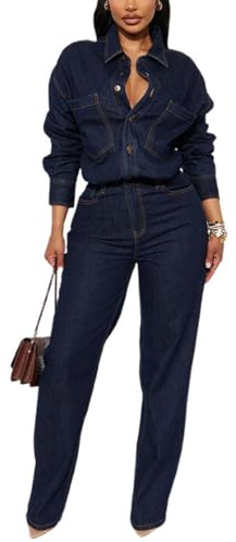 cffdviz Tuta Di Jeans Da Donna Casual Con Maniche Lunghe Abbottonatura Frontale Tuta Intera in Denim E Salopette Lunga,Dark blue,XL