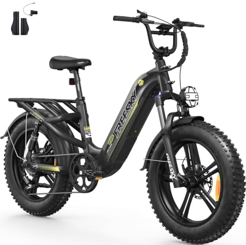 FREESKY 2026 Rocky Pro Step-Thru Commuter Electric Bike for Adults, 105 Mile Long Range with Torque Sensor & 48V 25Ah Battery, 20 Full Suspension Cargo E-bicycle, 8-Speeds Ebike for Women/Men