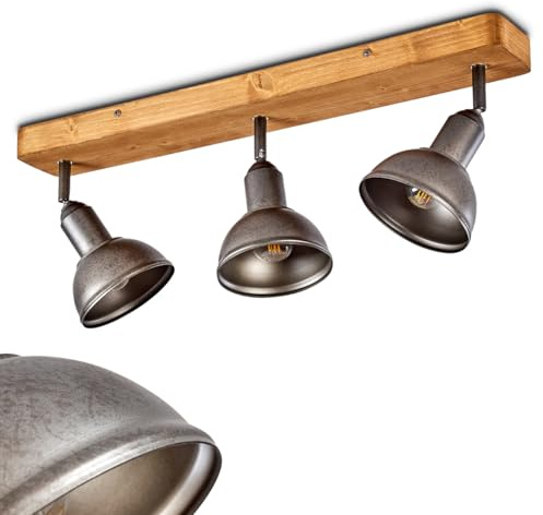 HOFSTEIN Deckenleuchte Tholen, verstellbare Deckenlampe aus Metall/Holz in Nickel-matt/Natur, Leuchte im Industrial/Retro/Vintage-Design, Holzbalken, 3xE14, Wohnzimmer, Esszimmer, Schlafzimmer, Küche