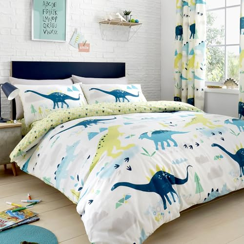 Bedlam - Housse de Couette Dinosaure Phosphorescent - 200 x 200 cm - 2 taies d'oreiller - Motifs réversibles (Triangle géométrique) - Literie Dinosaure pour Enfants - Accessoires Dinosaures