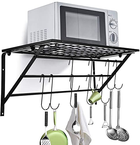 Metal Pot Pan Rack, Saucepan Racks Wall Kitchen Shelves Mounted Hanging Pan Rack Utensils Hanging Shelf with 10 Detachable Hooks, Saucepan Holder Decorative Kitchen Storage Organizer(24x10X9.8in)