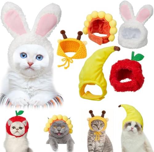 5 Stück Katze Hut Katze Kostüm Hasen Mütze mit Hasenohren Banane Sonnenblume Frucht Ananas Mütze Halloween Weihnachten Party Kostüm Kopfbedeckung für Katzen Welpen Haustier Materialien