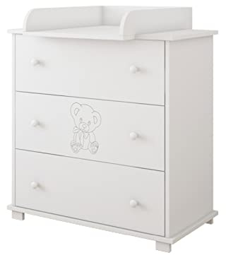Kiki design Kommode mit Wickeltisch | 80x46 cm | Wickelkommode mit 3 Schubladen | Für Kinderzimmer | Gravierter Teddybär | Schrank für Kinderzimmer |Weiß