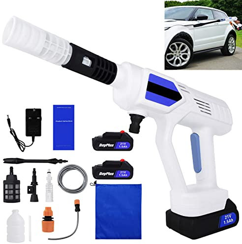 Battery Cordless Car High Pressure Washer Jet Water Wash Cleaner Gun Portable with 2pcs Li-Ion Battery, Charger, Adjustable Nozzle, Accessories, 2 quick release couplings and 5M+25CM Hose