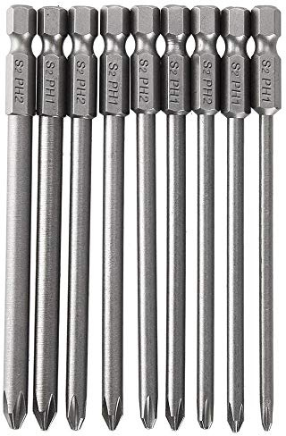 Mesee 9 Pezzi Punte per Cacciavite a Croce Phillips Magnetiche, Punte per Cacciavite a Testa Phillips Magnetiche con 1/4 Gambo Esagonale in Acciaio S2 PH1 PH2 100mm