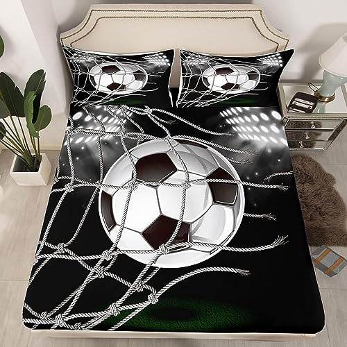 Lenzuola Una Piazza e Mezza, 3D Calcio Calcio Lenzuolo con Angoli in Microfibra Morbido - Altezza Materasso Fino a 30 cm - Coprimaterasso Traspirante e Lavabile con 1 Federe