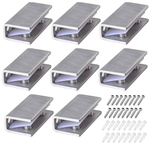 Glasklemmen Edelstahl 8 Stück Glasregal Halterung Edelstahl, Klemmhalter für Glasplatten Glashalter mit Schrauben und Kunststoffeinsatz für 8-12 mm Dicke Glas, Gebürstet Fertig