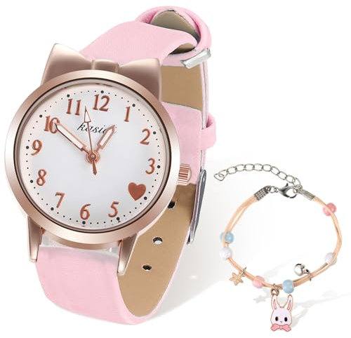 ertlutw Nette Armbanduhr Mädchen Kinderuhr, Mädchen Kinderuhr Leicht zu lesende Zifferblattuhr Stilvolle Herz Muster Uhr und Kaninchen Armband Armbanduhr Geschenk für 3-12 Jahre alte