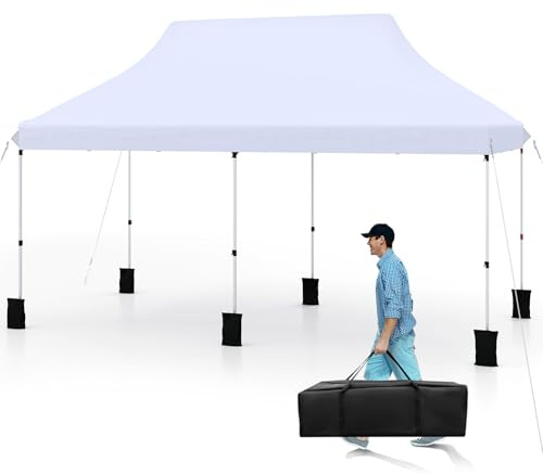 COSTWAY Tonnelle Pliante 3x6 m, Pop-up Tente de Fête Protection Solaire 3 Hauteurs 296/306/316 cm avec Sac de Rangement 6 Sacs de Sable, Barnum Imperméable pour Jardin Marché Patio Camping (Blanc)