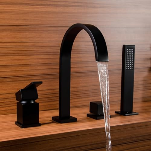 XJTNLB 4-Loch Wannenrandarmatur Badewannenarmatur Mischbatterie Badewanne Messing mit Handbrause Und Duschschlauch Schwarz