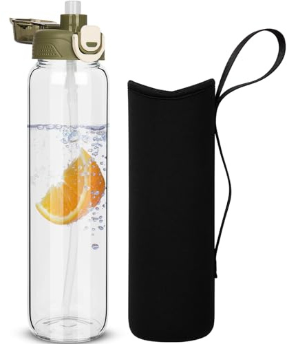 DEARRAY 1 liter Trinkflasche Glas Flasche mit Strohhalm 1l Glasflasche mit Schutzhülle, Auslaufsicher BPA frei Wasserflasche für Sport, Smoothie, Früchte Kohlensäure geeignet