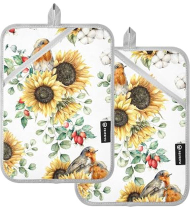 Presine con girasoli, foglie e uccelli, per cucina, con tasca per forno, confezione da 2, resistente al calore