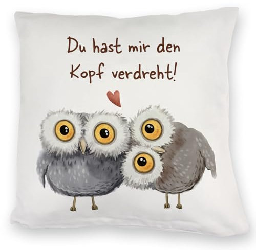 Eulen Kuschelkissen mit Spruch Du hast Mir den Kopf verdreht Uhu Motiv kuscheln als Paar Liebe für Partner Freundin - Das ideale Valentinsgeschenk