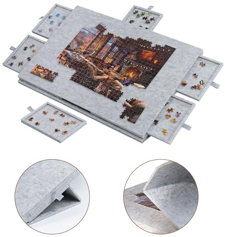 Lavievert Planche de Puzzle Inclinable 2 en 1 - Support et Housse, Plateau en Feutre Léger avec 6 Tiroirs, Table Portable pour Jeux Jusqu'à 1000 Pièces, Gris Clair