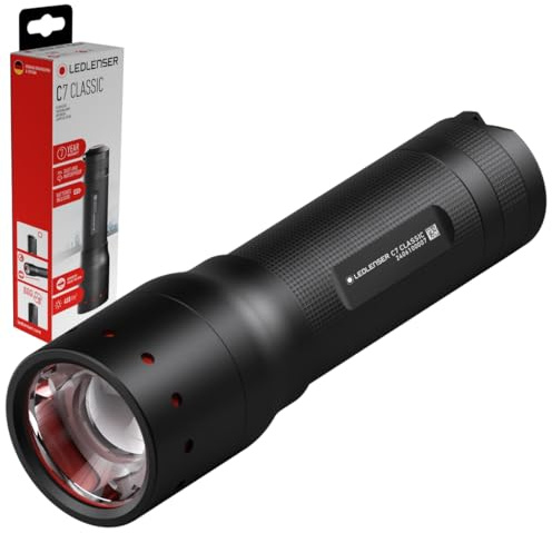 Ledlenser C7 Classic LED-Taschenlampe, 450lm, AAA-Batterie, 175g, IP54 | bis zu 25h Leuchtdauer, fokussierbar, 3 Leuchtmodi, Handschlaufe, 300m Leuchtweite, für Wandern, Gassigehen & Camping