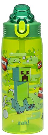 Zak Designs Minecraft Sage Water Bottle For School or Travel, 25oz Durable Plastic Water Bottle With Straw, Handle, and Leak-Proof, Pop-Up Spout Cover (Creeper)