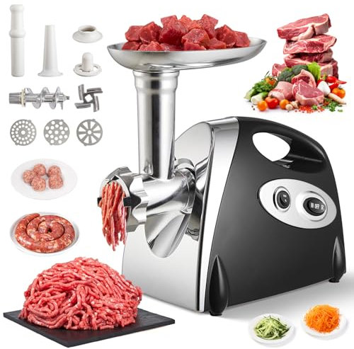 Warmiehomy Meat Grinder Electric, 2800W Meat Mincer with 3 Stainless Steel Grinding Plates, Food Mincer Machine, Household Sausage Meat Patty Maker, Reverse Function, Plastic Housing(Black)