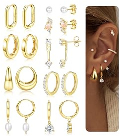 Adramata 9 Paar Ohrringe für Damen - 14K Vergoldete Ohrringe - Creolen, Silber & Gold - Hypoallergen - Ohrstecker, Hängend, Helix Piercings - Damenohrringe Set