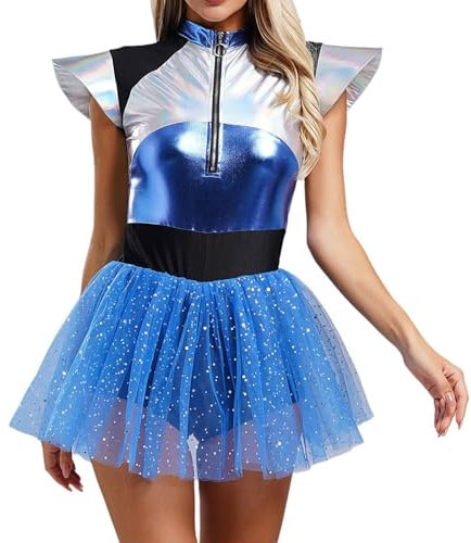 Damen Metallic Glänzend Kleid mit Tüllrock Tutu Rock Alien Kostüm Jumpsuit Astronautenkostüm Lässige Modische Sexy Faschingskostüme Ballettkleid Tanzkleid Fasching Cosplay Outfits